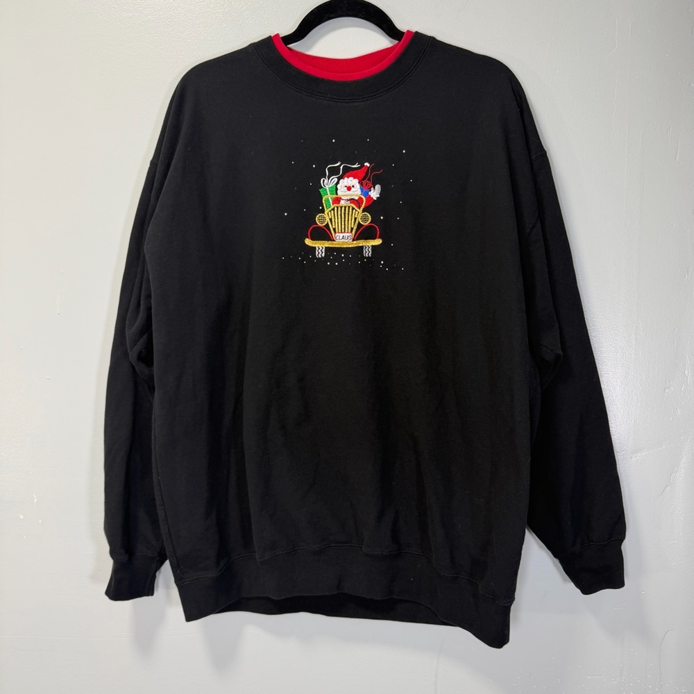 M&C Sportswear Vintage Double Collared Black Santa‎ Embroidered Sweatshirt XL